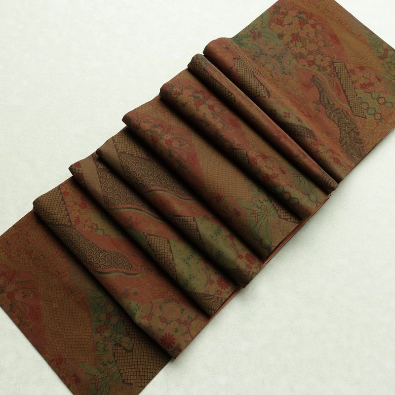 袋帯 全通柄 良品 一般用 正絹 古典柄 帯 茶_画像17