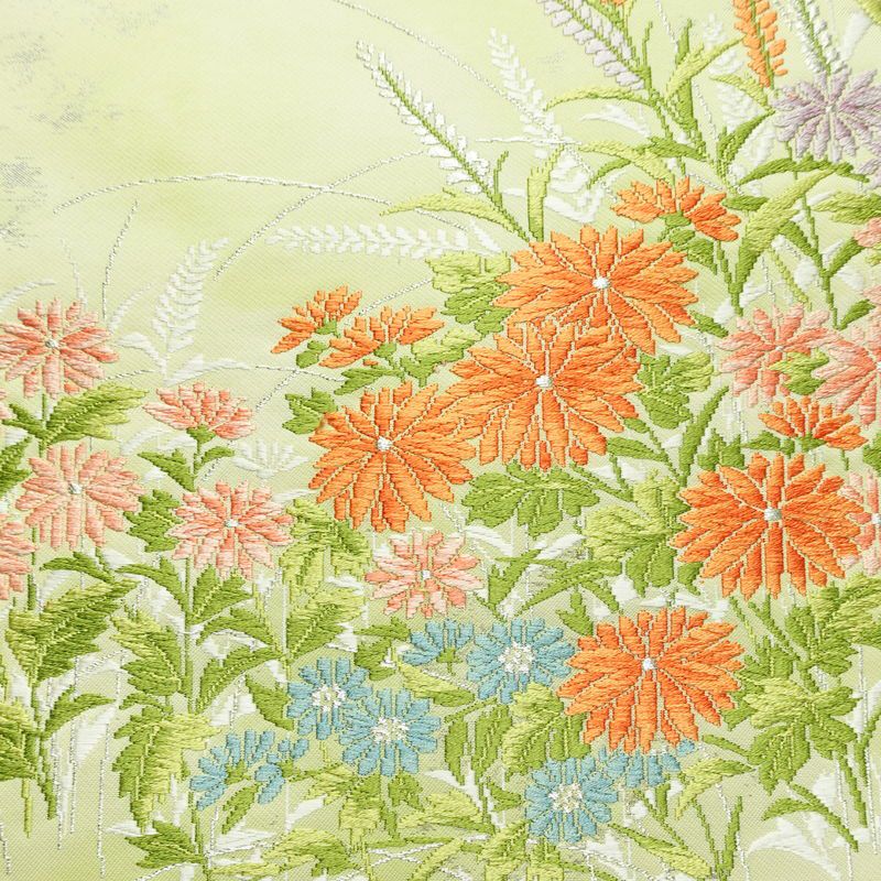 名古屋帯 太鼓柄 正絹 花柄 名古屋仕立て 箔 銀糸 帯 緑・うぐいす色_画像2