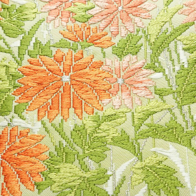 名古屋帯 太鼓柄 正絹 花柄 名古屋仕立て 箔 銀糸 帯 緑・うぐいす色_画像4