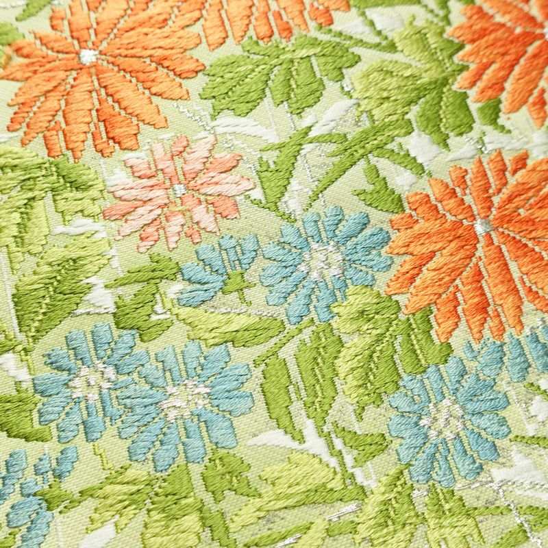 名古屋帯 太鼓柄 正絹 花柄 名古屋仕立て 箔 銀糸 帯 緑・うぐいす色_画像5