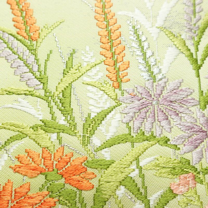 名古屋帯 太鼓柄 正絹 花柄 名古屋仕立て 箔 銀糸 帯 緑・うぐいす色_画像6