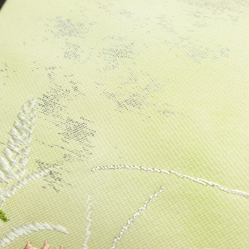 名古屋帯 太鼓柄 正絹 花柄 名古屋仕立て 箔 銀糸 帯 緑・うぐいす色_画像7