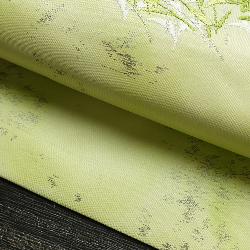 名古屋帯 太鼓柄 正絹 花柄 名古屋仕立て 箔 銀糸 帯 緑・うぐいす色_画像8