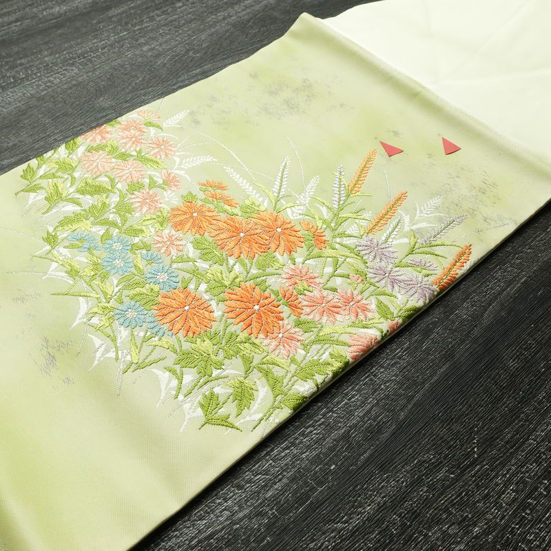 名古屋帯 太鼓柄 正絹 花柄 名古屋仕立て 箔 銀糸 帯 緑・うぐいす色_画像10