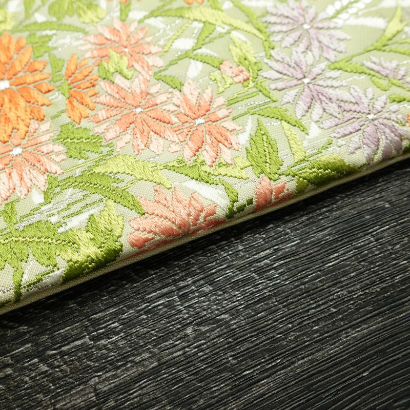 名古屋帯 太鼓柄 正絹 花柄 名古屋仕立て 箔 銀糸 帯 緑・うぐいす色_画像12