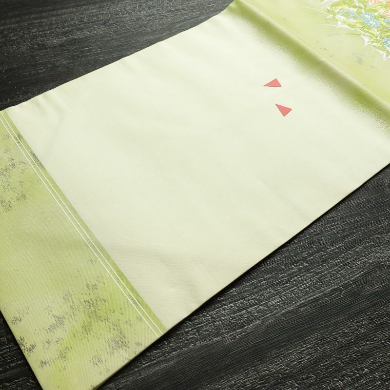 名古屋帯 太鼓柄 正絹 花柄 名古屋仕立て 箔 銀糸 帯 緑・うぐいす色_画像13