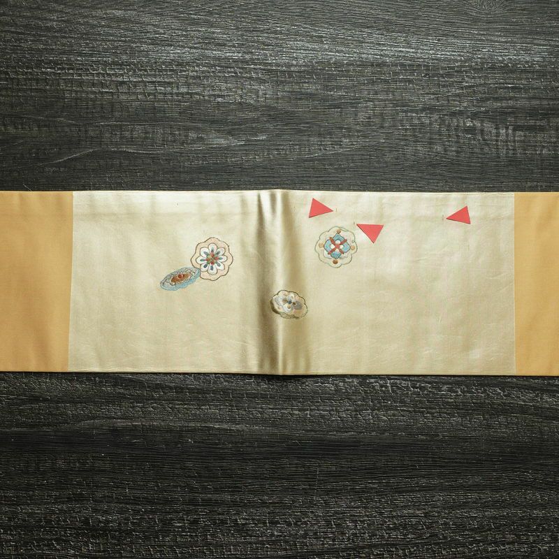 名古屋帯 太鼓柄 正絹 幾何学柄・抽象柄 名古屋仕立て 箔 刺繍 帯 黄・黄土色_画像14