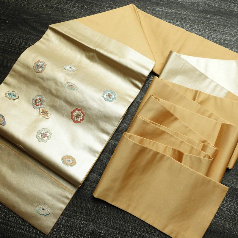 名古屋帯 太鼓柄 正絹 幾何学柄・抽象柄 名古屋仕立て 箔 刺繍 帯 黄・黄土色_画像19
