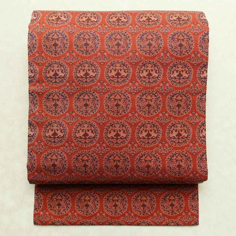 名古屋帯 全通柄 美品 正絹 幾何学柄・抽象柄 名古屋仕立て 帯 赤・朱_画像1