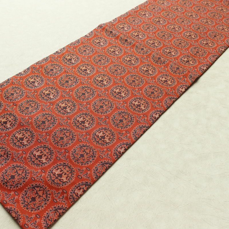 名古屋帯 全通柄 美品 正絹 幾何学柄・抽象柄 名古屋仕立て 帯 赤・朱_画像8
