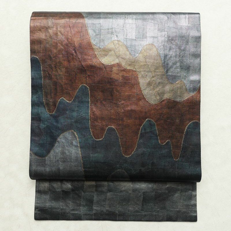 名古屋帯 太鼓柄 正絹 幾何学柄・抽象柄 名古屋仕立て 比翼仕立て 箔 帯 青・紺_画像1