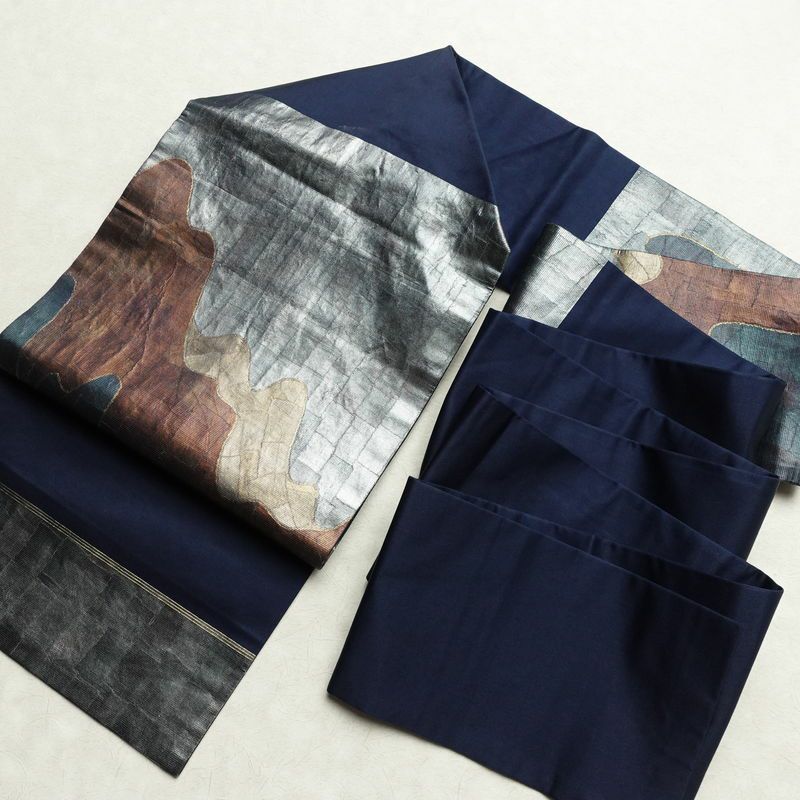 名古屋帯 太鼓柄 正絹 幾何学柄・抽象柄 名古屋仕立て 比翼仕立て 箔 帯 青・紺_画像20