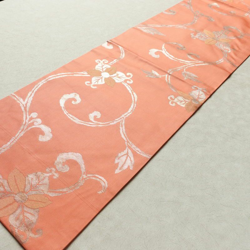 名古屋帯 六通柄 正絹 木の葉・植物柄 名古屋仕立て 箔 帯 ピンク_画像8