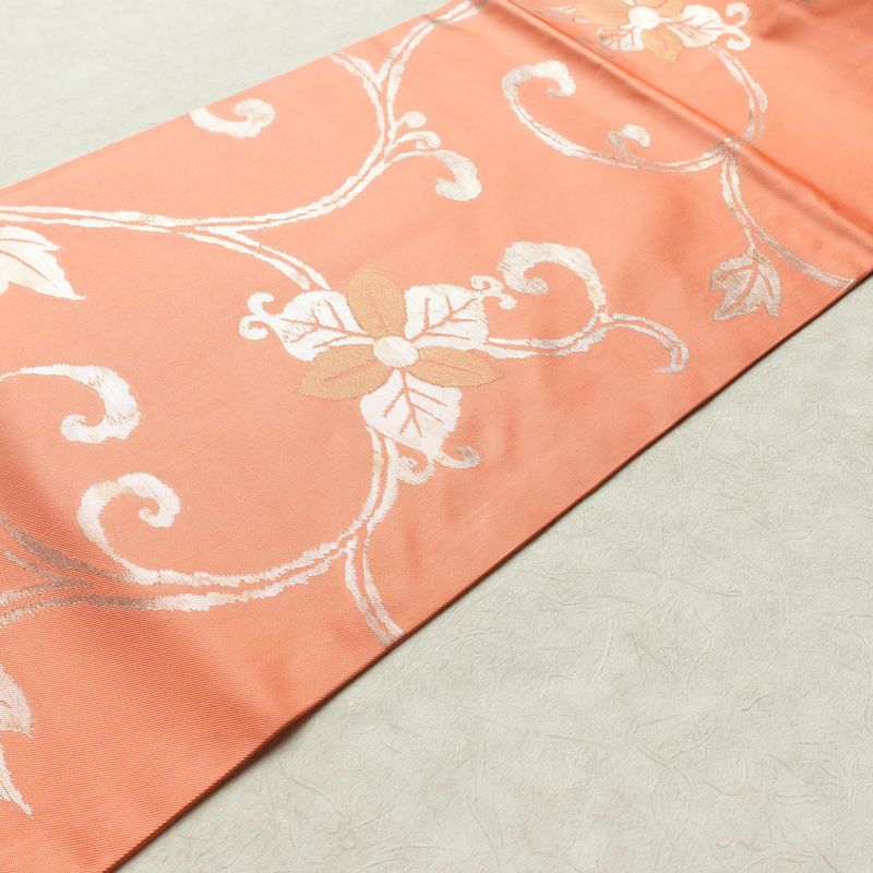 名古屋帯 六通柄 正絹 木の葉・植物柄 名古屋仕立て 箔 帯 ピンク_画像11