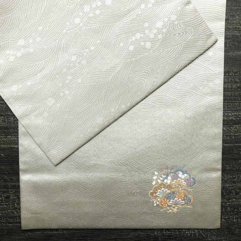 袋帯 全通柄 フォーマル用 正絹 流水・波柄 箔 帯 金・銀_画像12