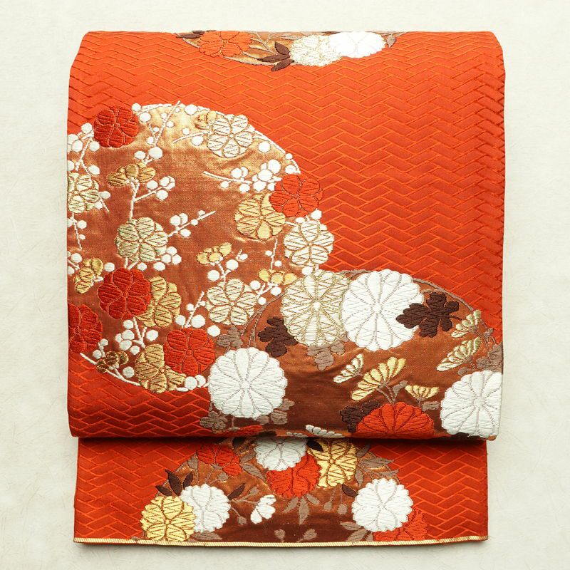 袋帯 六通柄 フォーマル用 正絹 花柄 菊 箔 帯 橙_画像1