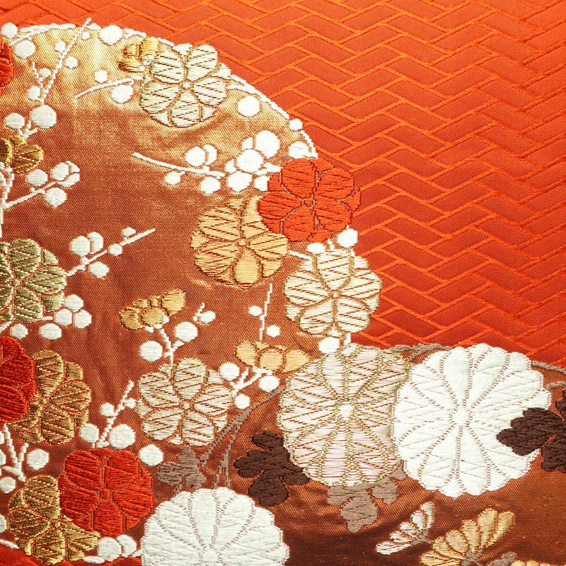 袋帯 六通柄 フォーマル用 正絹 花柄 菊 箔 帯 橙_画像2
