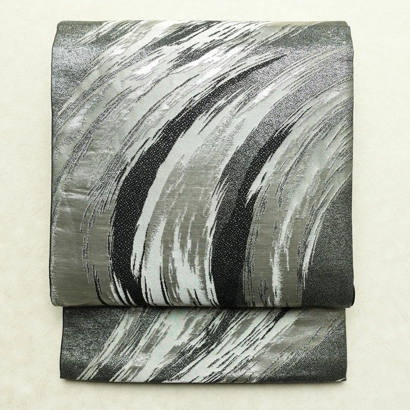 袋帯 六通柄 良品 フォーマル用 正絹 流水・波柄 箔 帯 黒_画像1