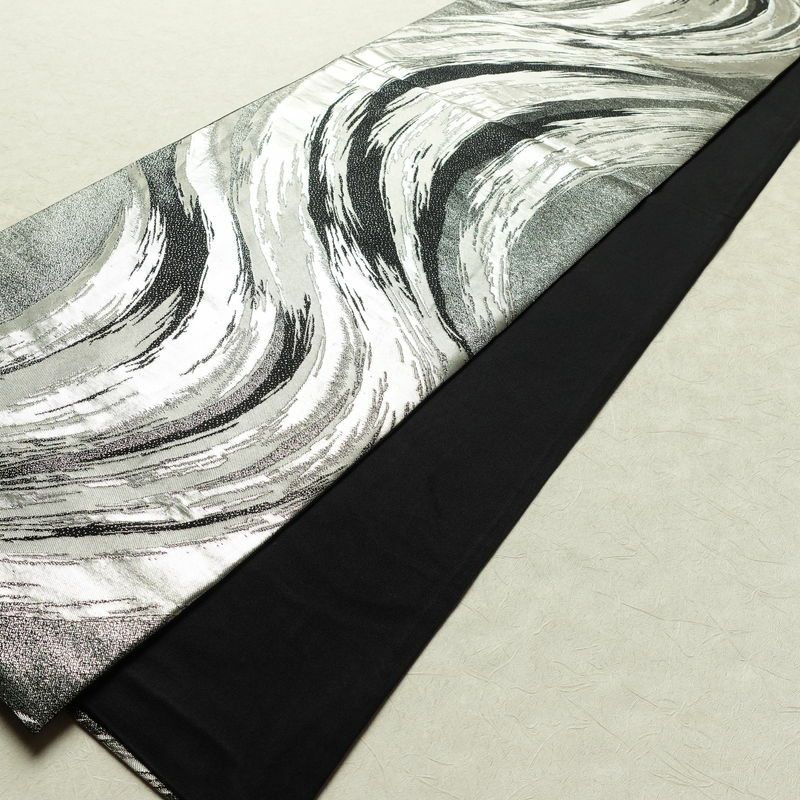 袋帯 六通柄 良品 フォーマル用 正絹 流水・波柄 箔 帯 黒_画像8