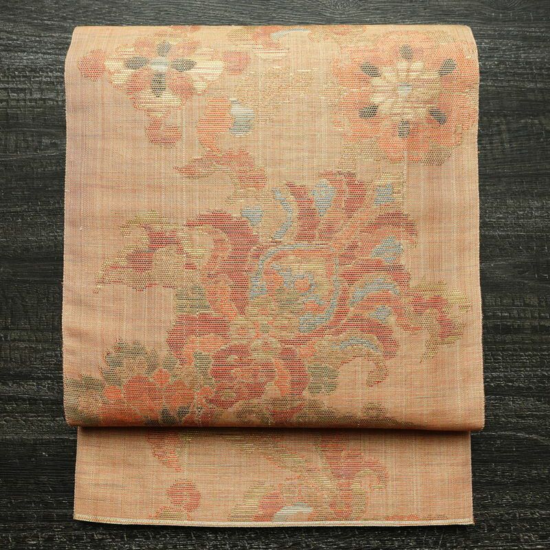 袋帯 手織 草木染紬帯 六通柄 良品 一般用 正絹 花柄 金糸 帯 くすみオレンジ 橙_画像1