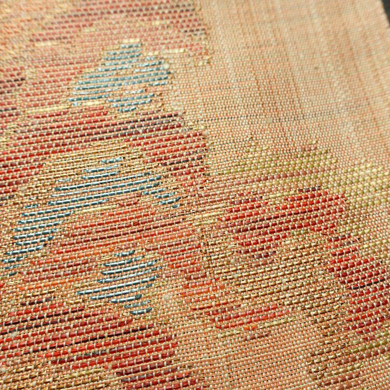 袋帯 手織 草木染紬帯 六通柄 良品 一般用 正絹 花柄 金糸 帯 くすみオレンジ 橙_画像4