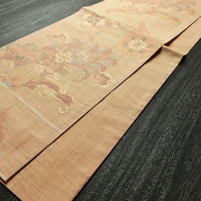 袋帯 手織 草木染紬帯 六通柄 良品 一般用 正絹 花柄 金糸 帯 くすみオレンジ 橙_画像9