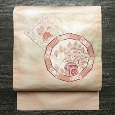 名古屋帯 太鼓柄 正絹 古典柄 名古屋仕立て 箔 刺繍 金糸 帯 ベージュ