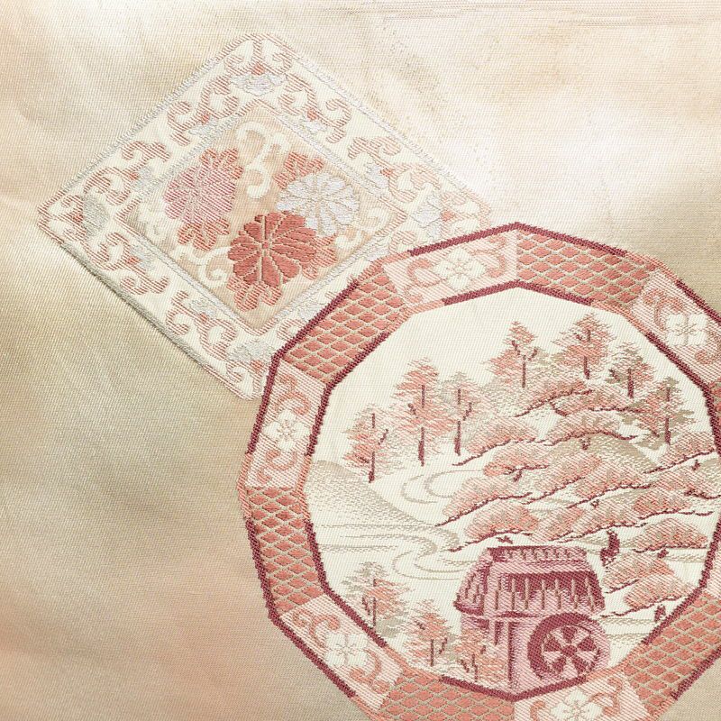 名古屋帯 太鼓柄 正絹 風景柄 名古屋仕立て ピンク_画像2