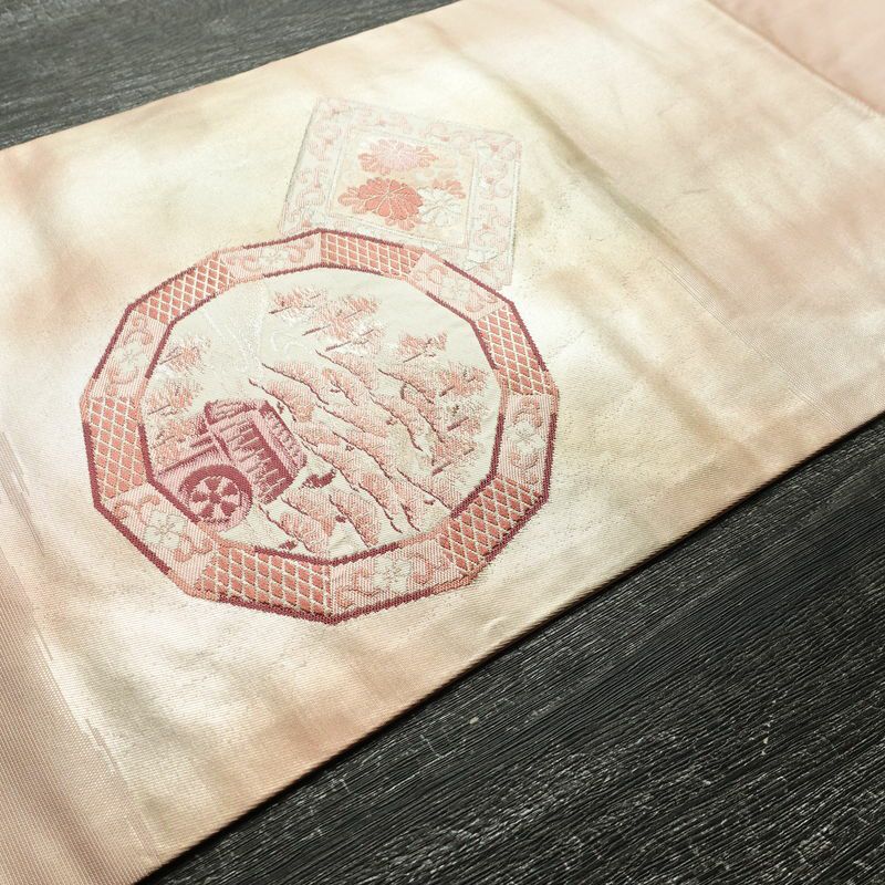 名古屋帯 太鼓柄 正絹 風景柄 名古屋仕立て ピンク_画像12