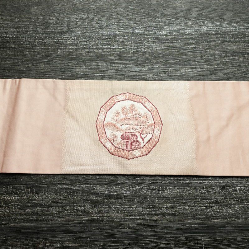 名古屋帯 太鼓柄 正絹 風景柄 名古屋仕立て ピンク_画像15