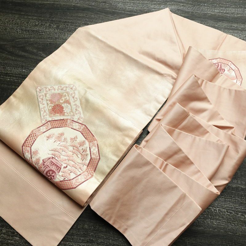 名古屋帯 太鼓柄 正絹 風景柄 名古屋仕立て ピンク_画像17