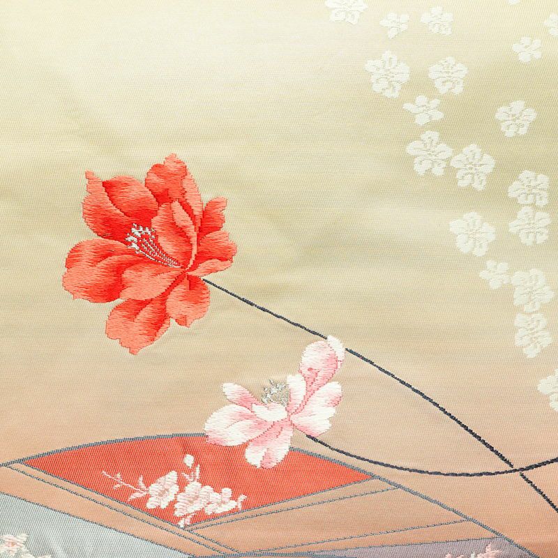名古屋帯 太鼓柄 美品 しつけ糸付き 正絹 花柄 名古屋仕立て 箔 刺繍 帯 白_画像2