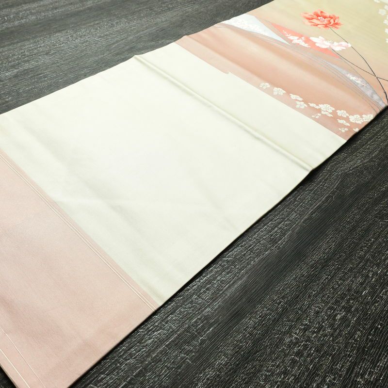 名古屋帯 太鼓柄 美品 しつけ糸付き 正絹 花柄 名古屋仕立て 箔 刺繍 帯 白_画像8