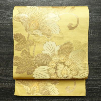 袋帯 六通柄 フォーマル用 正絹 花柄 箔 帯 黄・黄土色