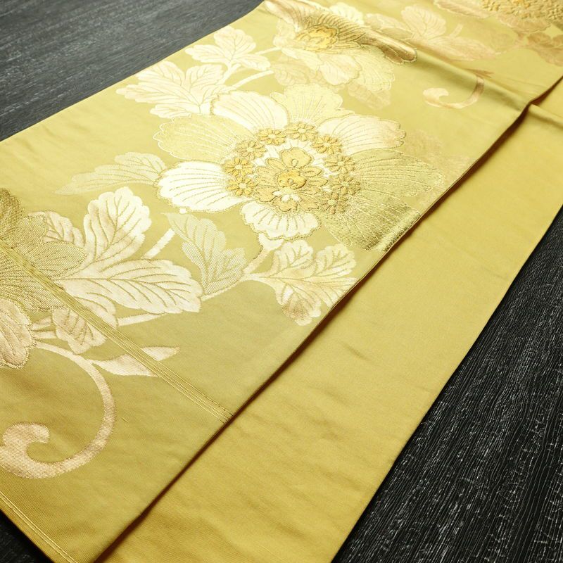 袋帯 六通柄 フォーマル用 正絹 花柄 箔 帯 黄・黄土色_画像8