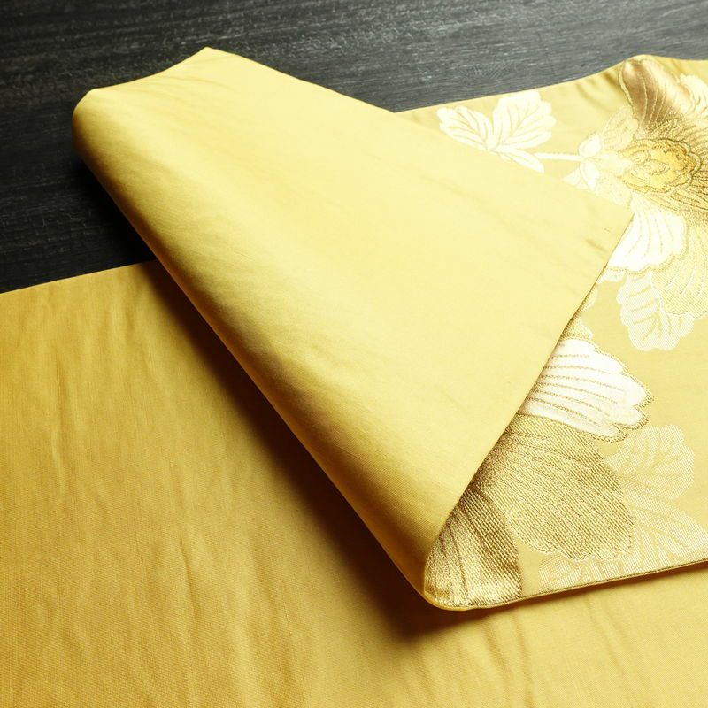 袋帯 六通柄 フォーマル用 正絹 花柄 箔 帯 黄・黄土色_画像9