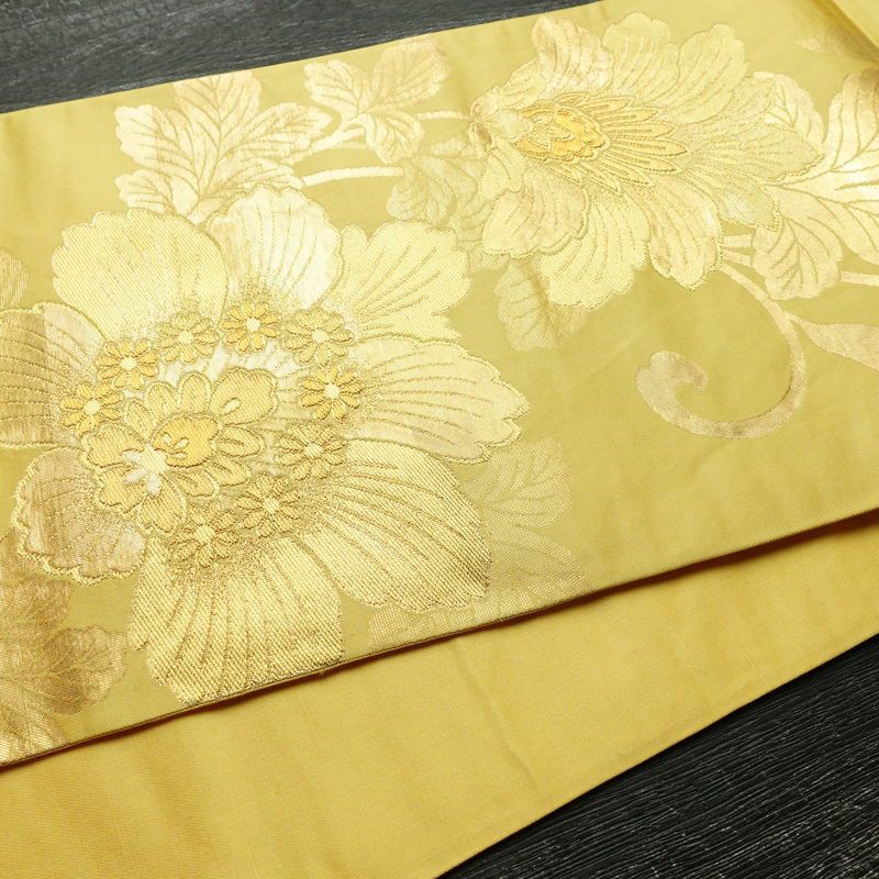 袋帯 六通柄 フォーマル用 正絹 花柄 箔 帯 黄・黄土色_画像11