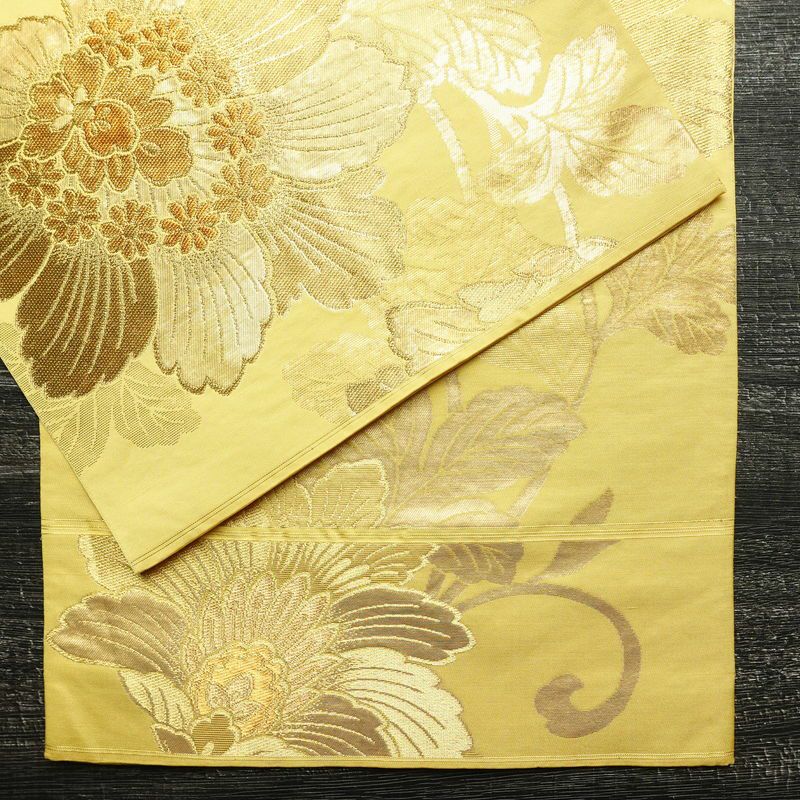 袋帯 六通柄 フォーマル用 正絹 花柄 箔 帯 黄・黄土色_画像13