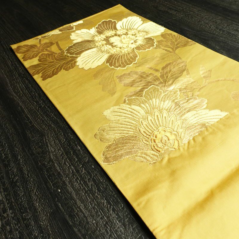 袋帯 六通柄 フォーマル用 正絹 花柄 箔 帯 黄・黄土色_画像18