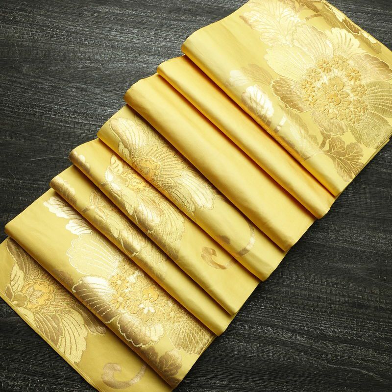 袋帯 六通柄 フォーマル用 正絹 花柄 箔 帯 黄・黄土色_画像19