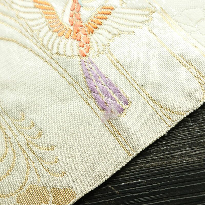 袋帯 六通柄 フォーマル用 正絹 人物・動物柄 箔 金糸 帯 白_画像17