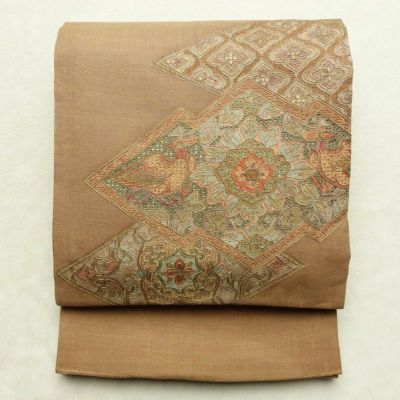 袋帯 太鼓柄 スワトウ刺繍 フォーマル用 正絹 幾何学柄・抽象柄 帯 茶