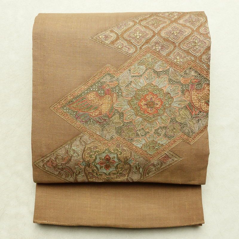 袋帯 太鼓柄 スワトウ刺繍 フォーマル用 正絹 幾何学柄・抽象柄 帯 茶_画像1