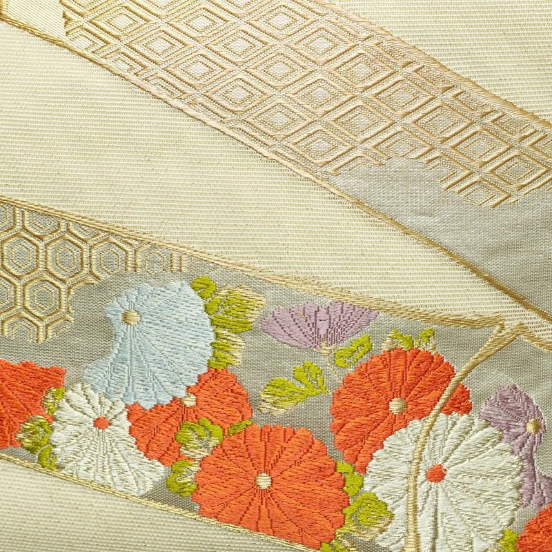 名古屋帯 太鼓柄 夏用 正絹 花柄 名古屋仕立て 帯 菊 亀甲 クリーム_画像2