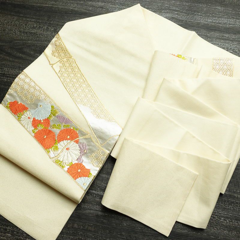 名古屋帯 太鼓柄 夏用 正絹 花柄 名古屋仕立て 帯 菊 亀甲 クリーム_画像19