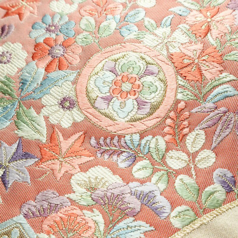 袋帯 六通柄 フォーマル用 正絹 古典柄 箔 刺繍 帯 亀甲 扇面 松 クリーム_画像3