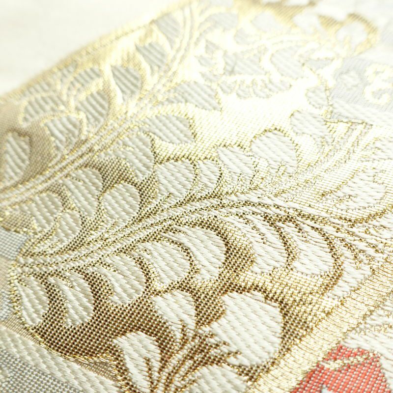 袋帯 六通柄 フォーマル用 正絹 古典柄 箔 刺繍 帯 亀甲 扇面 松 クリーム_画像5