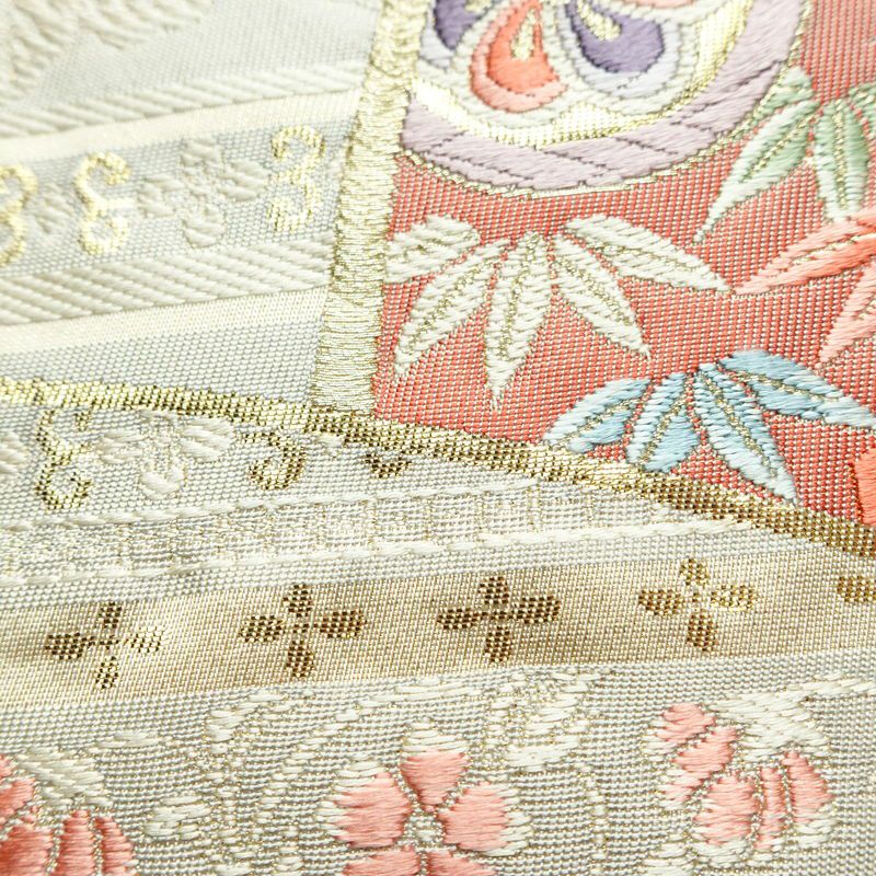 袋帯 六通柄 フォーマル用 正絹 古典柄 箔 刺繍 帯 亀甲 扇面 松 クリーム_画像6
