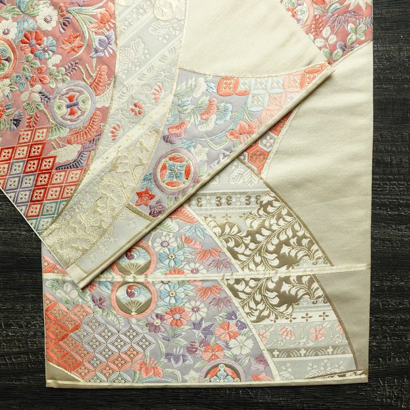 袋帯 六通柄 フォーマル用 正絹 古典柄 箔 刺繍 帯 亀甲 扇面 松 クリーム_画像13