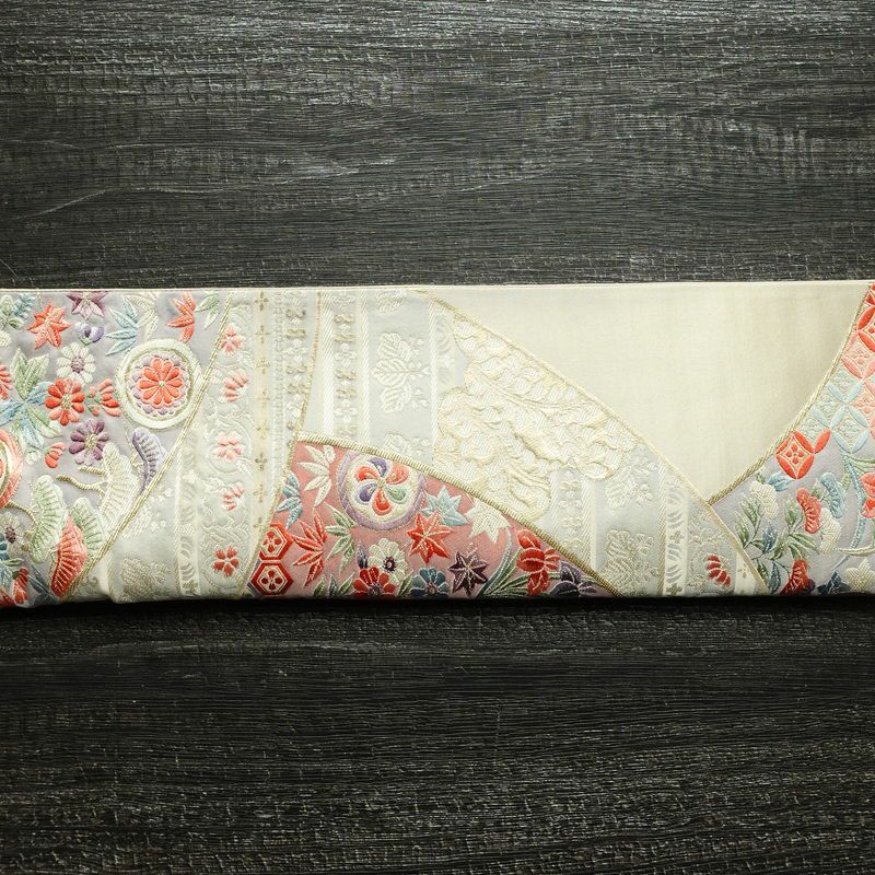 袋帯 六通柄 フォーマル用 正絹 古典柄 箔 刺繍 帯 亀甲 扇面 松 クリーム_画像14